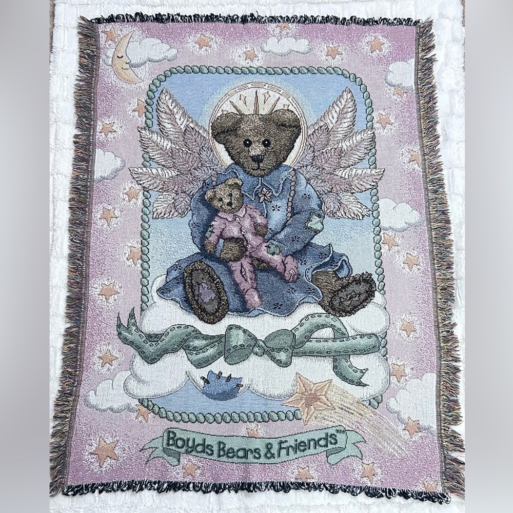 Boyds Bears & Friends Angel Tapestry Blanket Wall Hanging Woven Throw 40.5”x53”